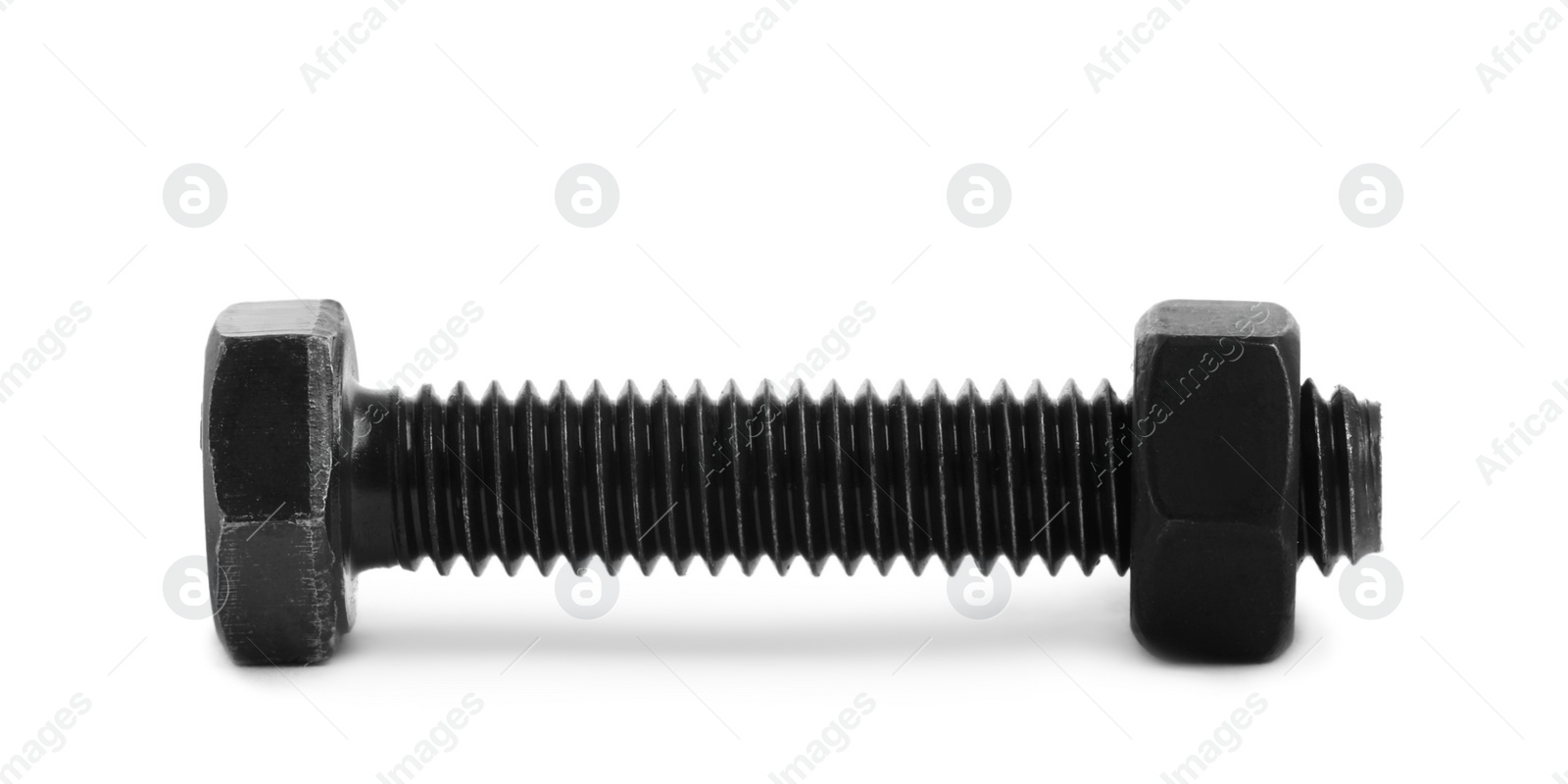 Photo of Black metal bolt with hex nut isolated on white