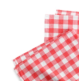 Photo of Classic red checkered blanket isolated on white, top view