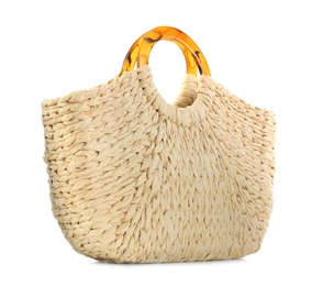 Photo of Stylish straw bag isolated on white. Summer accessory