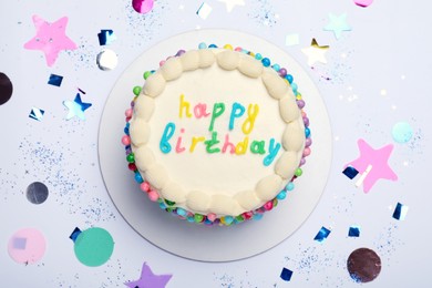 Photo of Cute bento cake with tasty cream and confetti on white background, top view