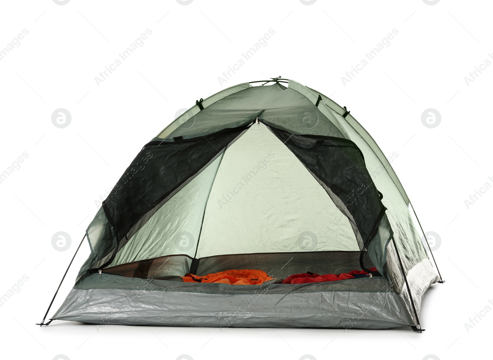 Photo of Comfortable grey camping tent with sleeping bags on white background