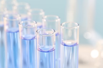 Photo of Laboratory analysis. Many glass test tubes with light blue liquid on blurred background, closeup