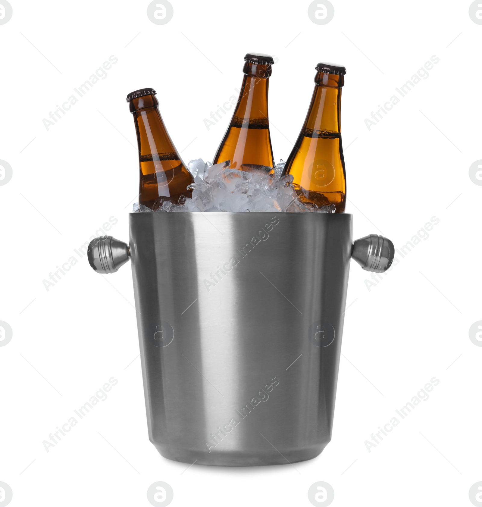 Photo of Metal bucket with beer and ice cubes isolated on white