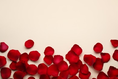 Photo of Red rose petals on beige background, top view. Space for text