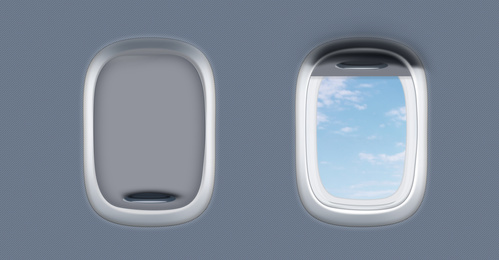 Image of Open and closed airplane portholes, banner design 