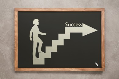 Image of Person going up stairs drawn on chalkboard against grey background. Steps to success