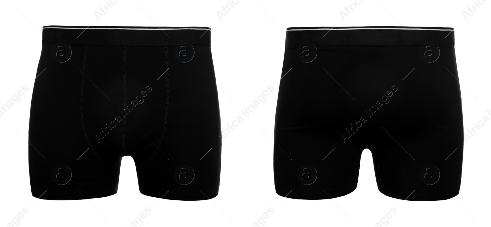 Image of Comfortable black menʼs underwear isolated on white, back and front views