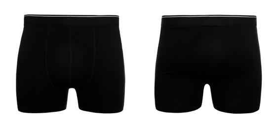 Image of Comfortable black menʼs underwear isolated on white, back and front views