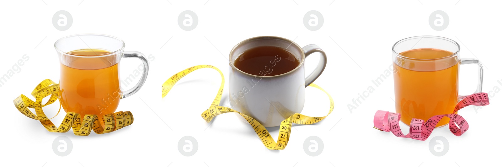 Image of Set with cups of cup of weight loss herbal tea on white background. Banner design