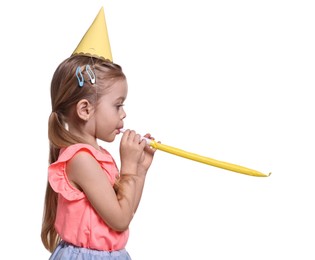 Photo of Birthday celebration. Cute little girl in party hat with blower on white background