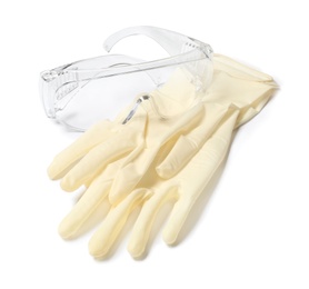 Photo of Medical gloves and safety glasses on white background