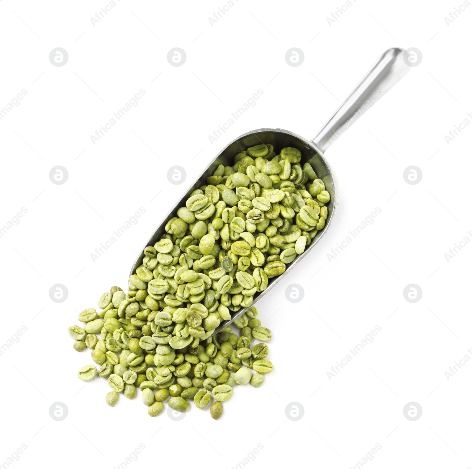Photo of Pile of green coffee beans and scoop on white background