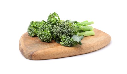 Photo of Wooden board with fresh raw broccolini isolated on white. Healthy food
