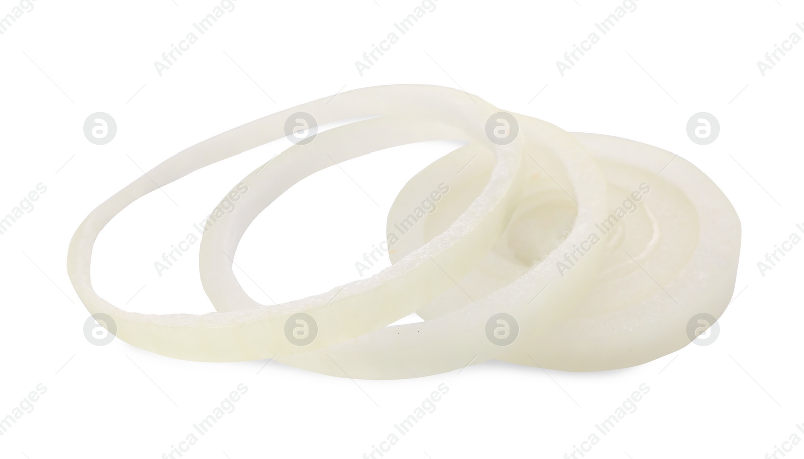 Photo of Many fresh onion rings on white background