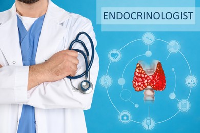 Image of Endocrinologist with stethoscope on light blue background, closeup. Thyroid illustration surrounded by icons