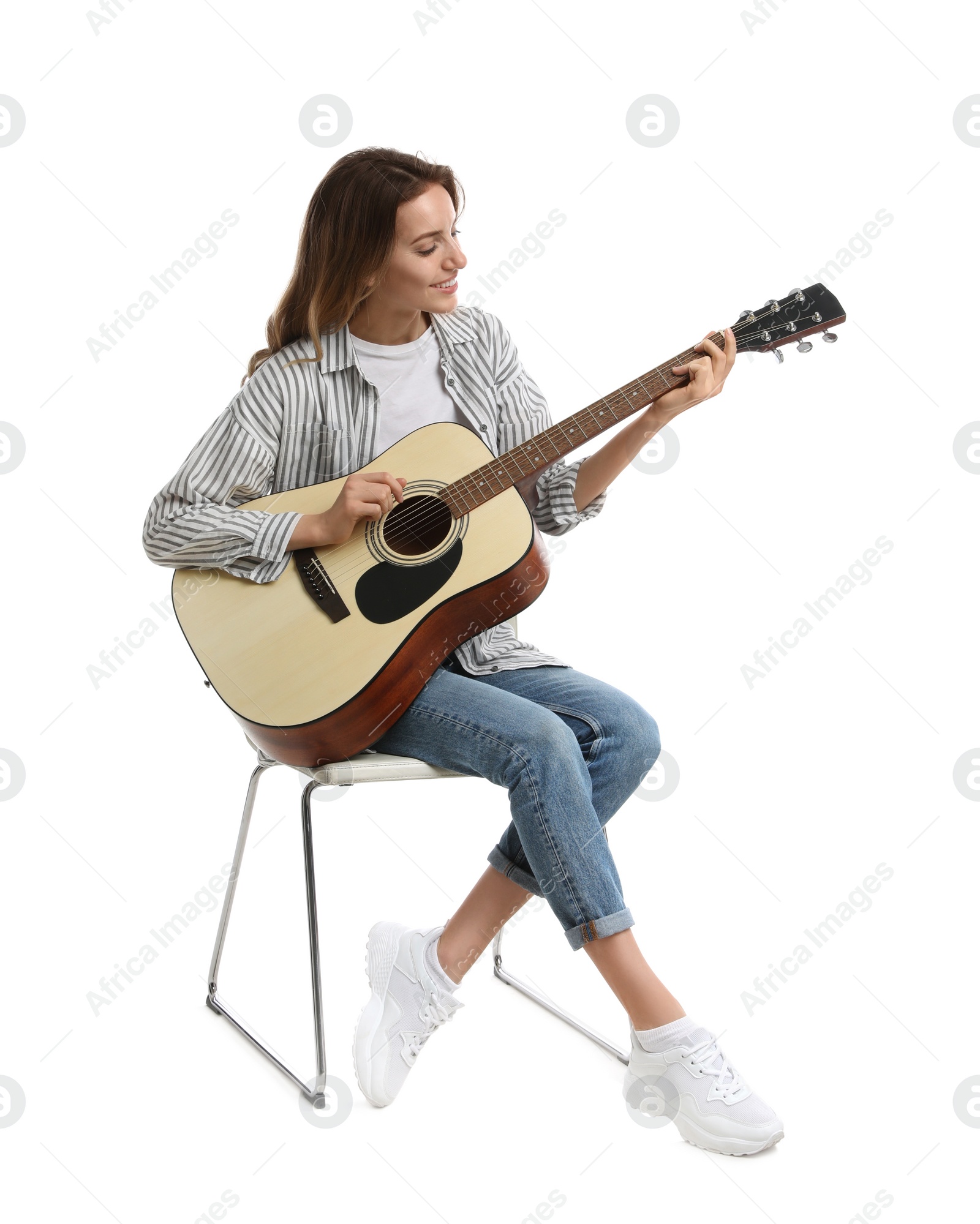 Photo of Woman with guitar on white background. Music teacher