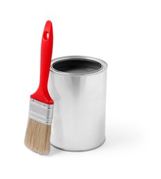 Photo of Can with gray paint and brush on white background