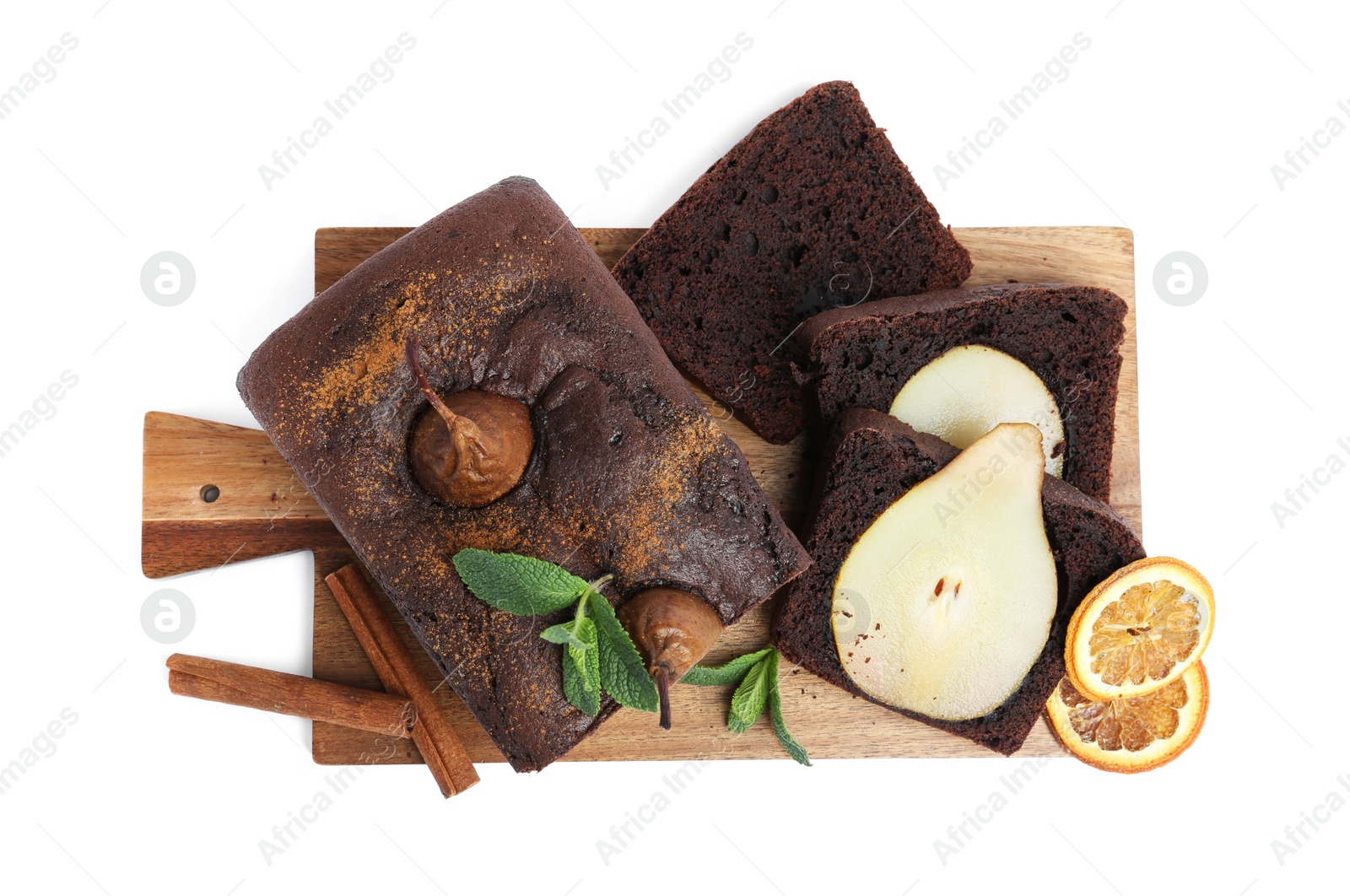 Photo of Tasty pear bread with mint, cinnamon and dried orange slices on white background, top view. Homemade cake