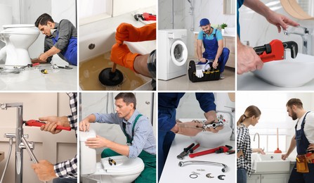 Collage with photos of professional plumbers and their tools