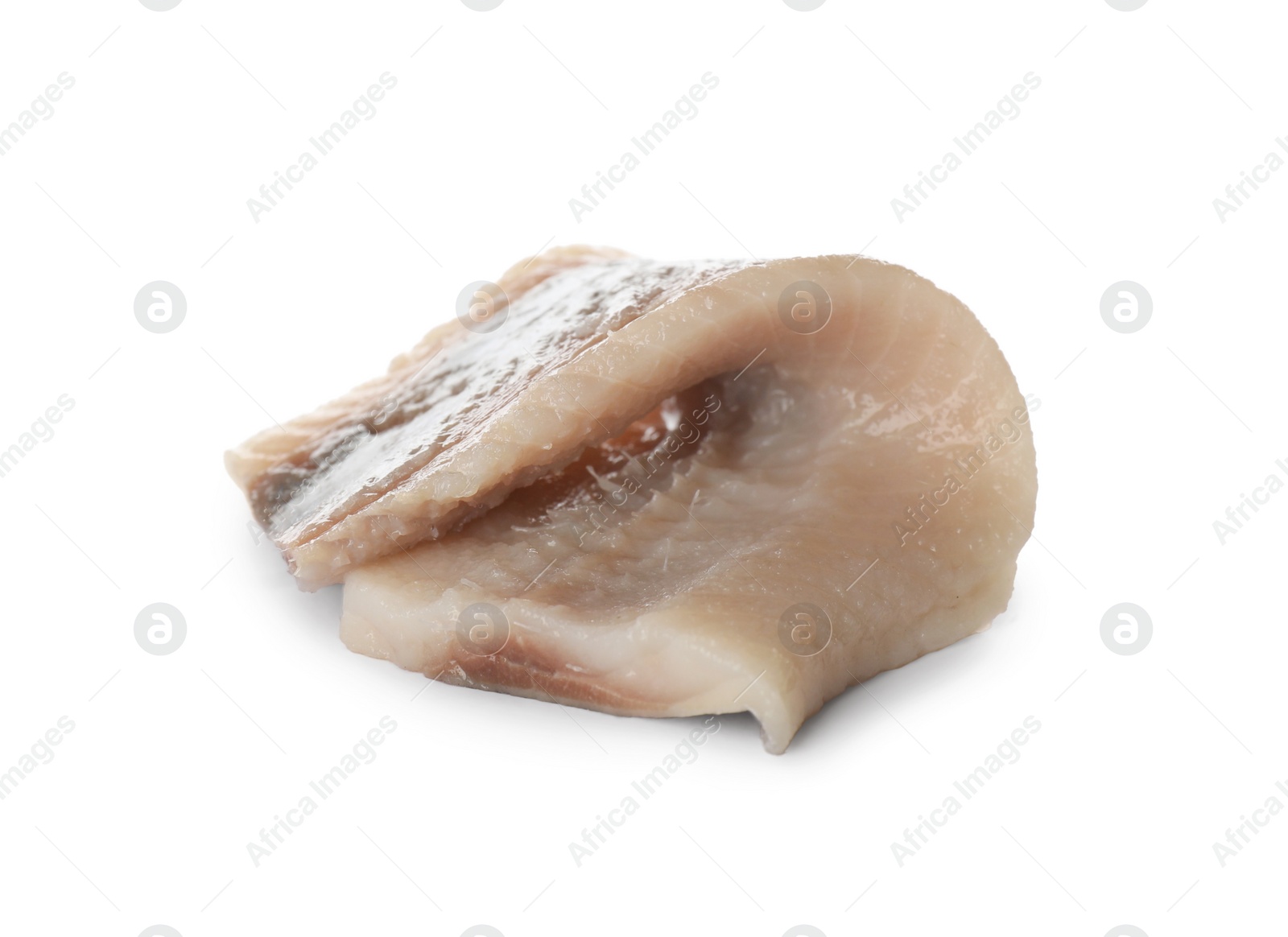 Photo of Delicious salted herring fillet isolated on white