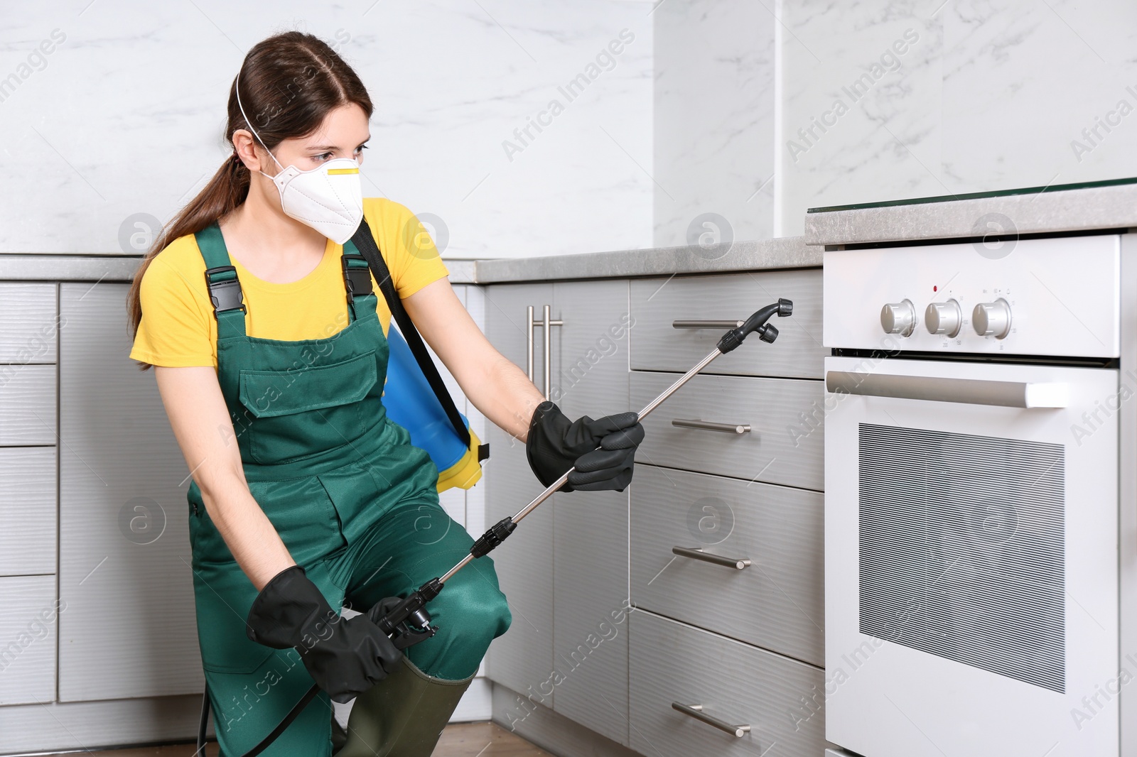 Photo of Pest control worker spraying pesticide in kitchen
