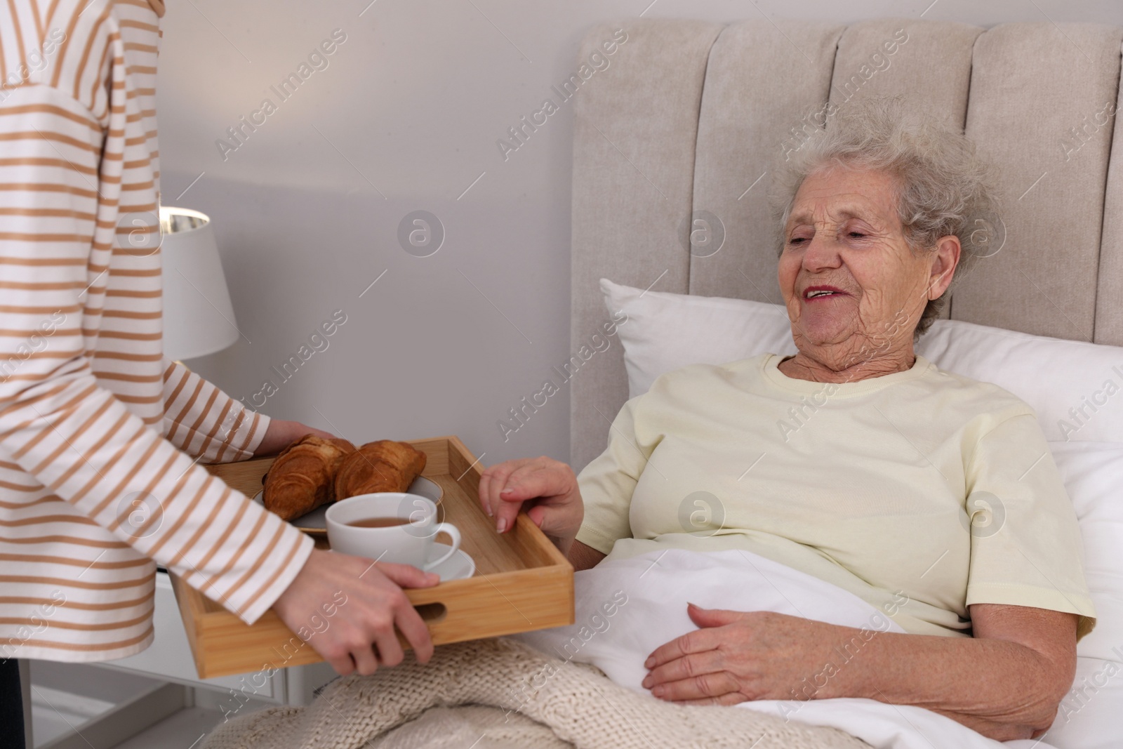 Photo of Young caregiver serving breakfast for senior woman in bedroom. Home care service