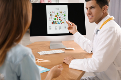 Photo of Nutritionist consulting patient at table in clinic