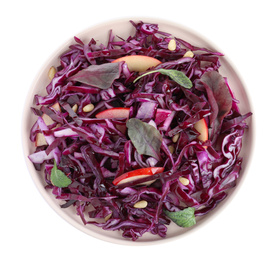 Photo of Fresh red cabbage salad isolated on white, top view