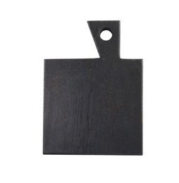 Photo of Black wooden cutting board isolated on white, top view