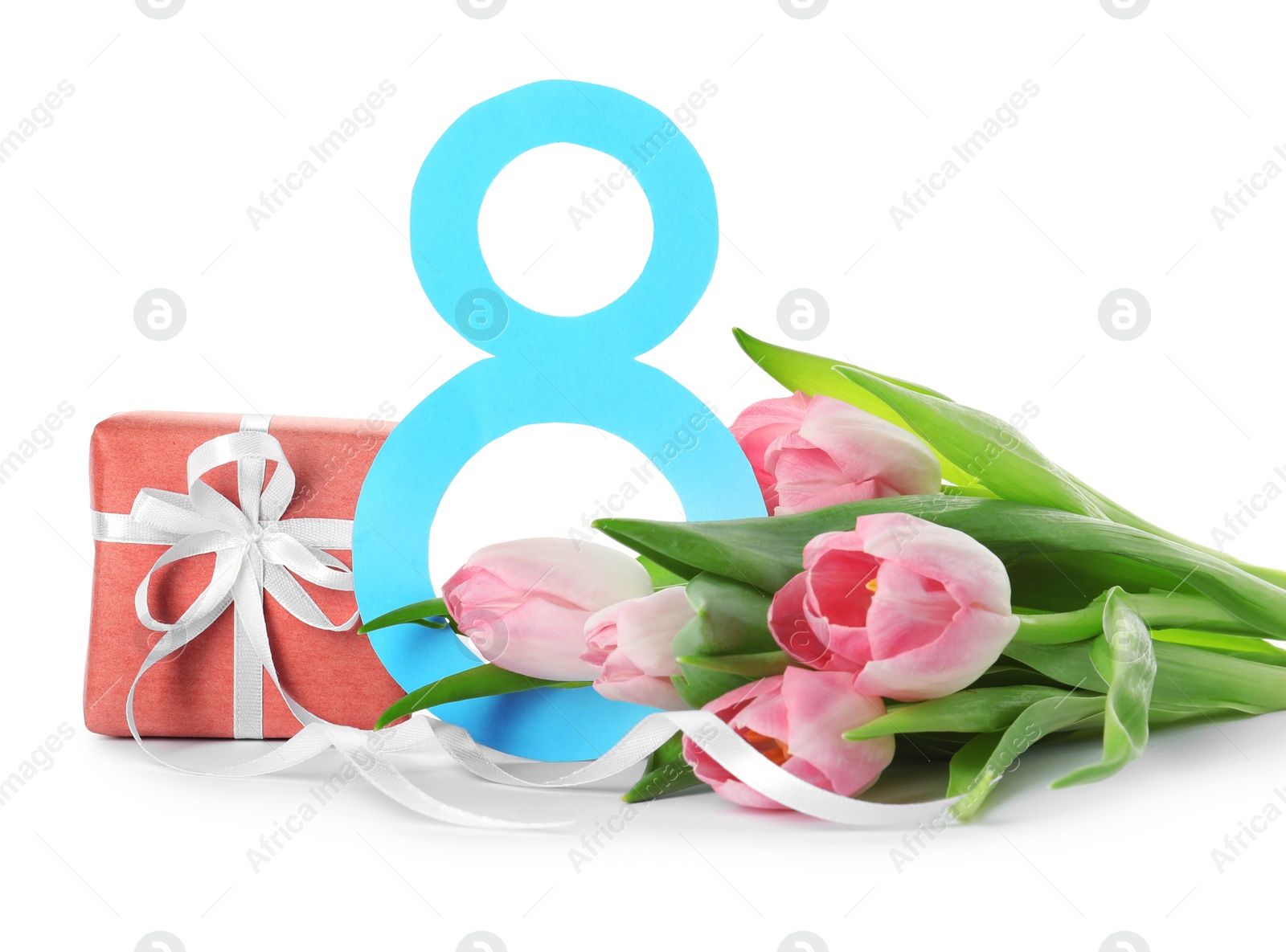 Photo of 8 March card design with tulips and gift on white background. International Women's Day