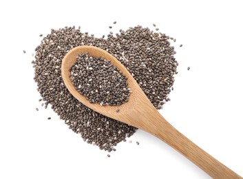 Heart made of chia seeds and wooden spoon on white background, top view