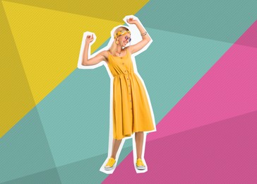 Image of Pop art poster. Beautiful young woman dancing on bright background, pin up style
