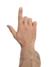 Man pointing at something against white background, closeup on hand