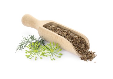 Photo of Scoop with dry seeds and fresh dill isolated on white