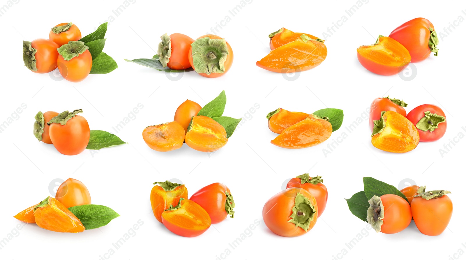 Image of Set of delicious fresh ripe persimmons on white background 