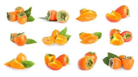 Image of Set of delicious fresh ripe persimmons on white background 