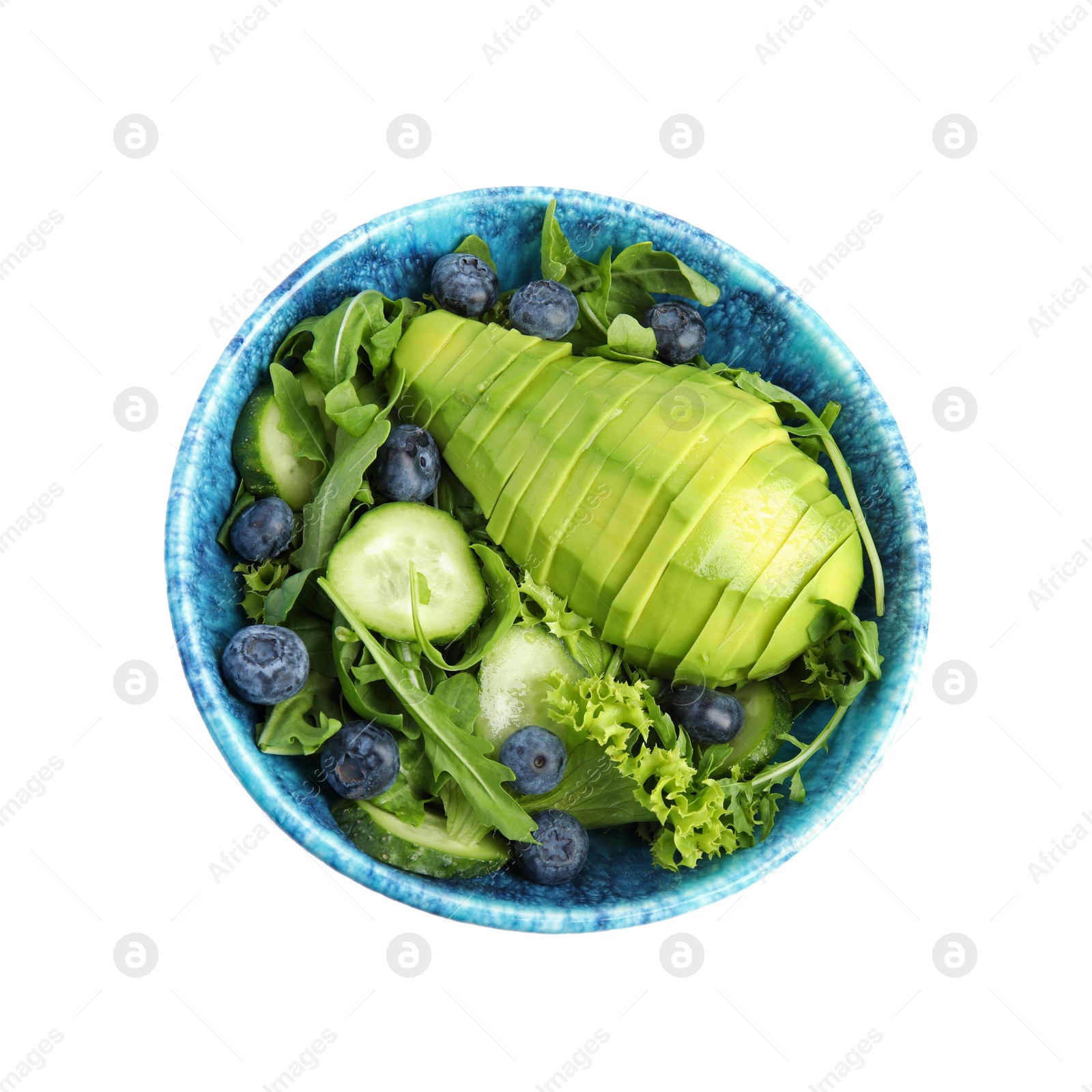 Photo of Delicious avocado salad with blueberries in bowl on white background, top view