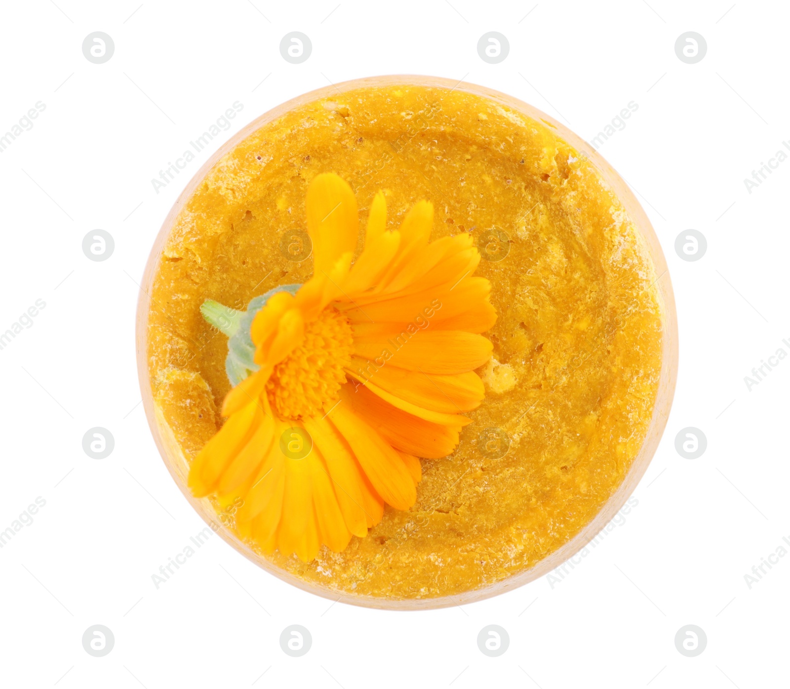 Photo of Yellow solid shampoo bar and flower isolated on white, top view. Hair care