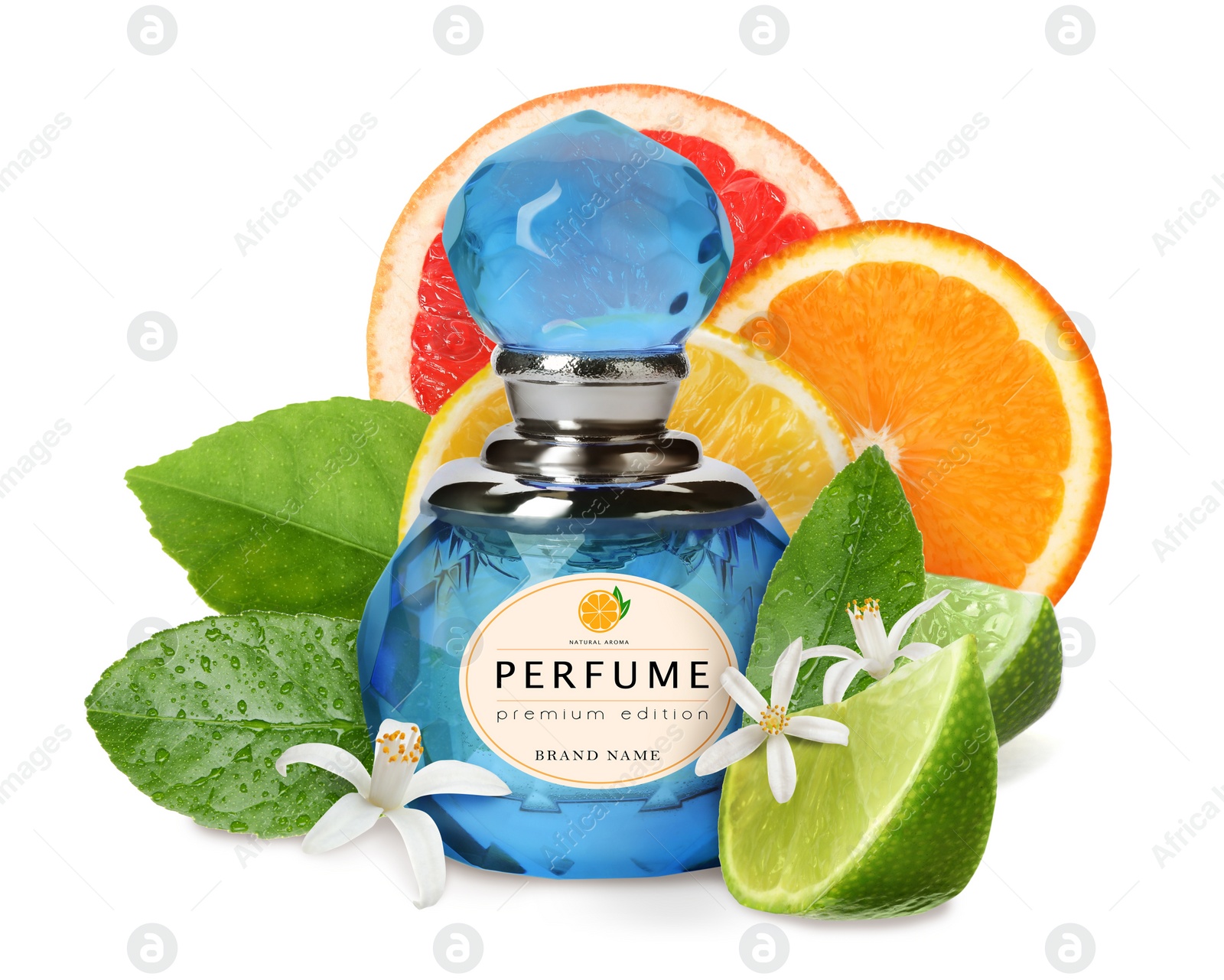 Image of Bottle of perfume with citrus scent on white background