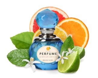 Bottle of perfume with citrus scent on white background