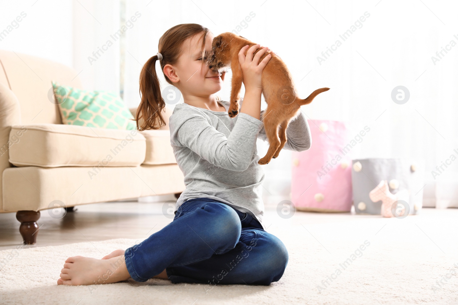 Photo of Portrait of cute girl with funny Brussels Griffon dog at home, space for text. Loyal friends