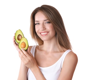 Photo of Portrait of young beautiful woman with ripe delicious avocado on white background