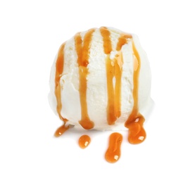 Photo of Tasty ice cream ball with caramel sauce on white background
