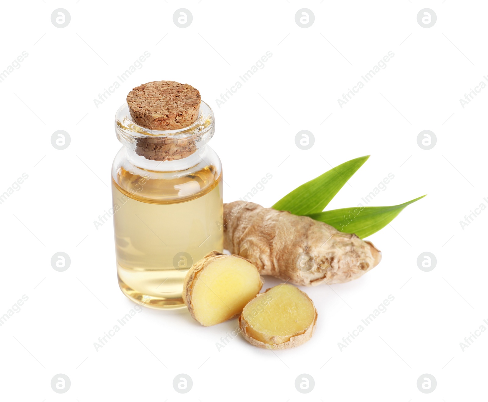 Photo of Glass bottle of essential oil and ginger root on white background