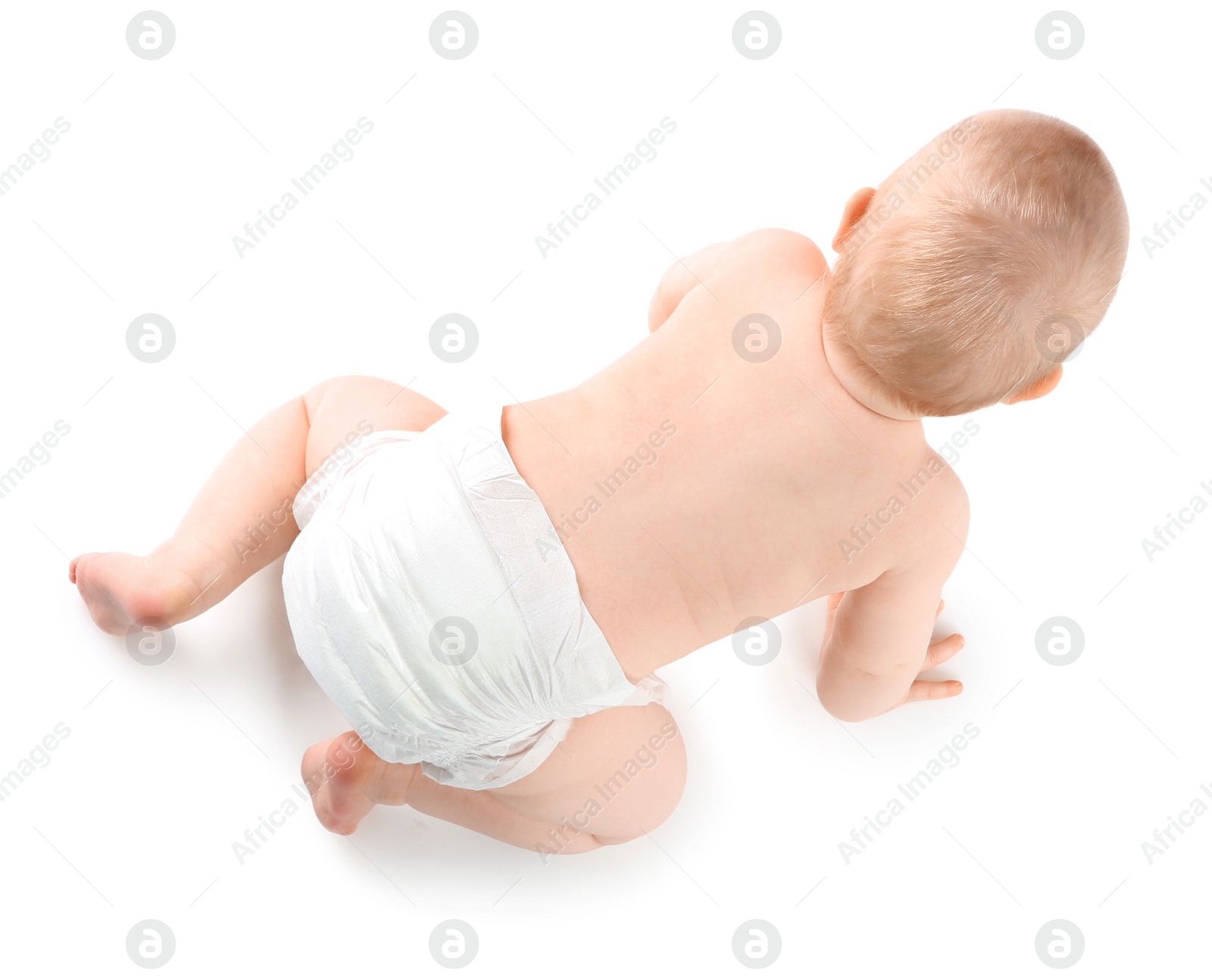 Photo of Cute little baby crawling on white background, top view