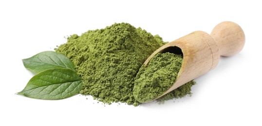 Photo of Pile of green matcha powder, scoop and leaves isolated on white