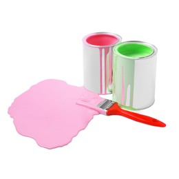 Photo of Spilled pink paint, brush and cans on white background