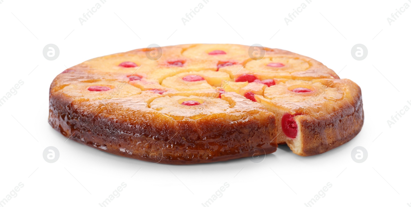 Photo of Delicious cut pineapple pie with cherry isolated on white