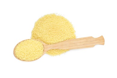 Wooden spoon with raw couscous on white background, top view