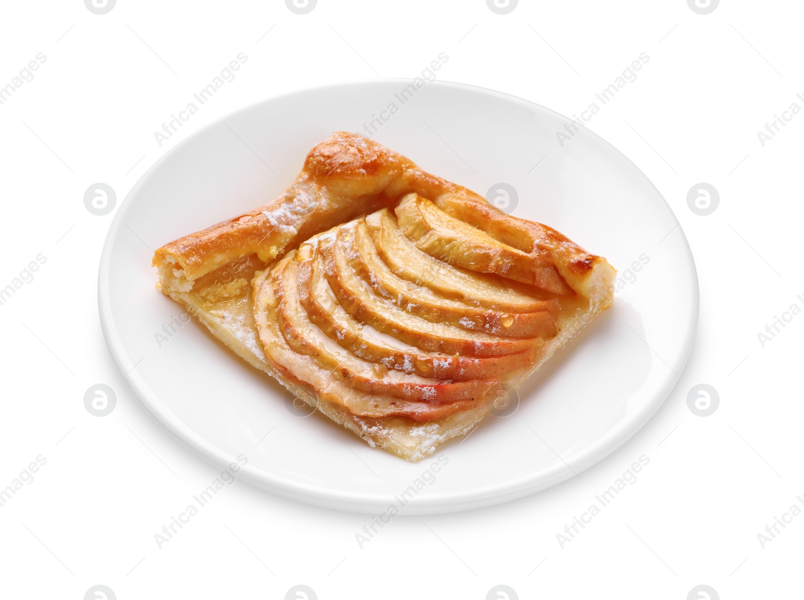 Photo of Plate with piece of delicious apple pie isolated on white